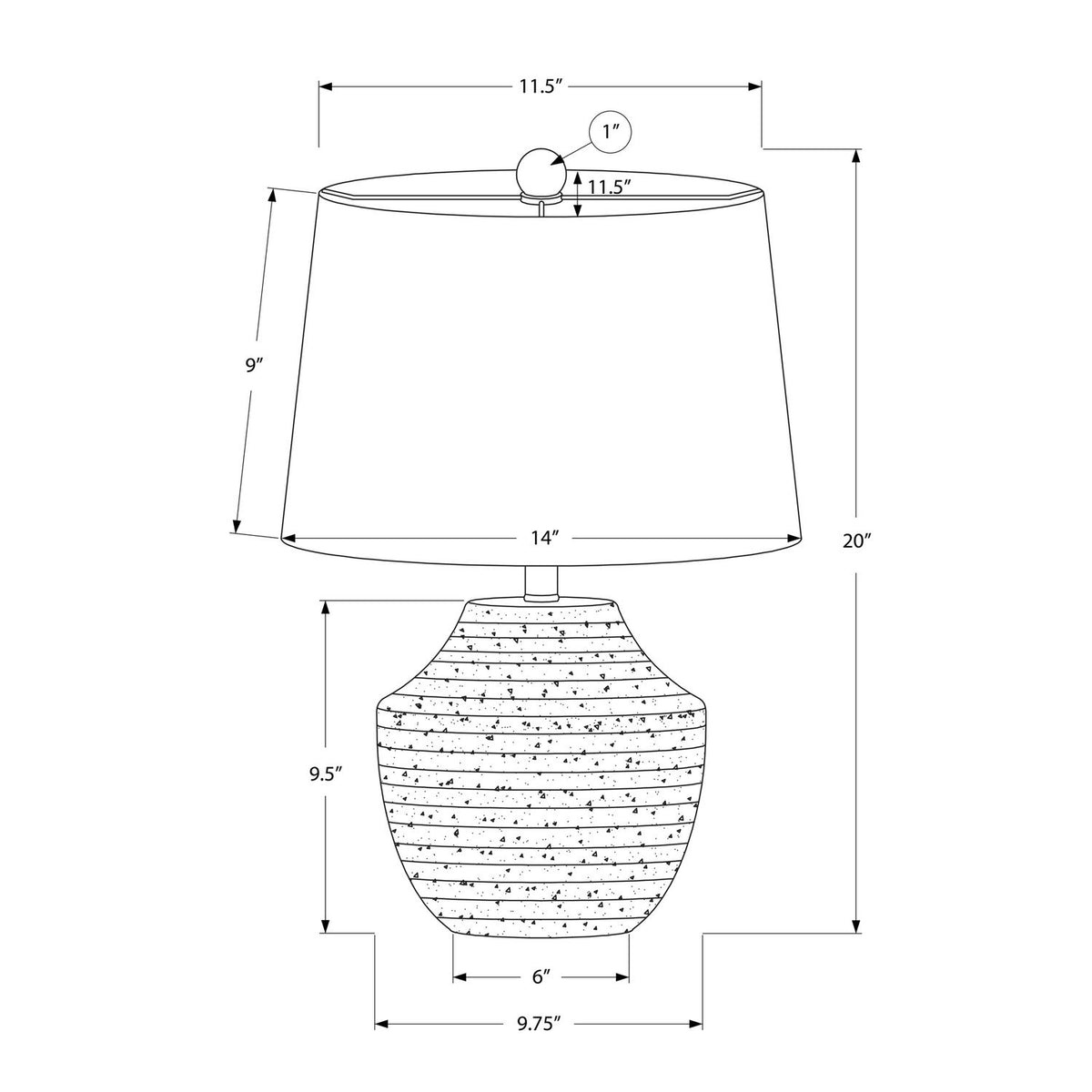 Table lamp dimensions: off-white drum shade on cream speckled base
