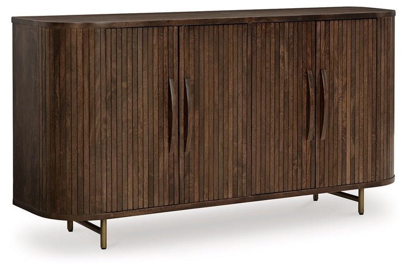 Dark brown accent cabinet with two side doors and vertical wood-slat paneling