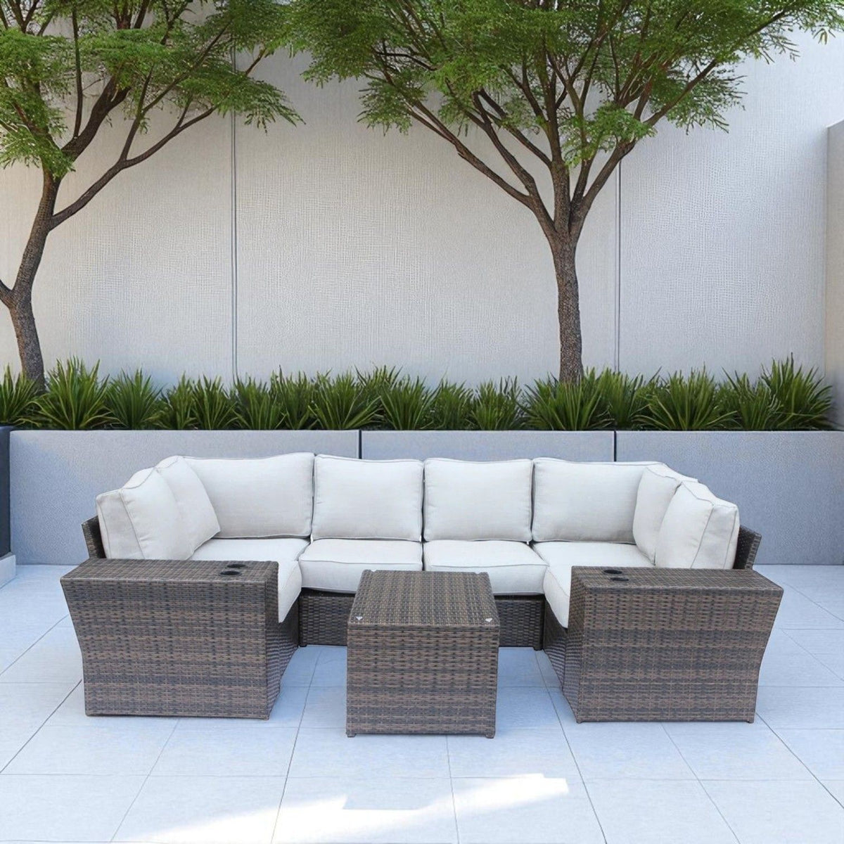 Outdoor Wicker Sectional With Weather Resistant Cushions And Table