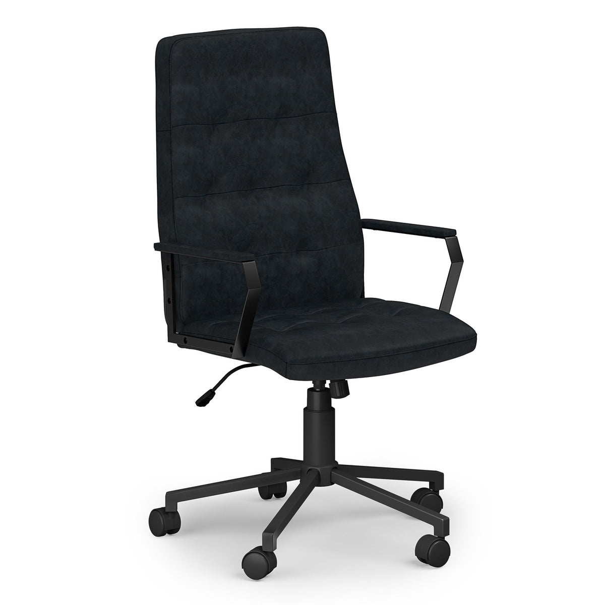 Distressed blue swivel office chair with high back, armrests, and rolling caster base