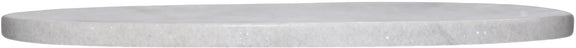 Round white marble decorative tray with speckled surface, side profile view