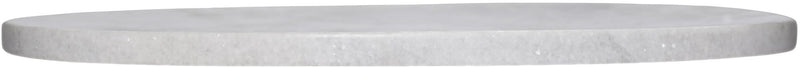 Round white marble decorative tray with speckled surface, side profile view