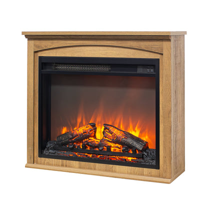 Wood TV media entertainment center with electric fireplace, flame log display