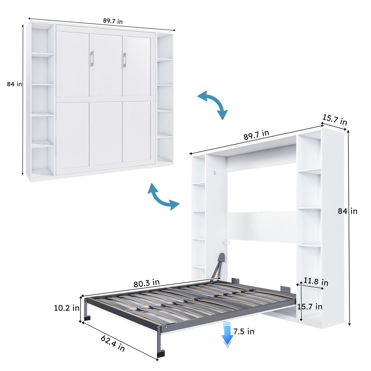 Queen Murphy Bed With Storage Cabinet - White