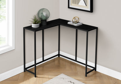 Corner entryway accent console table with black frame and marble-style top, open shelf sides