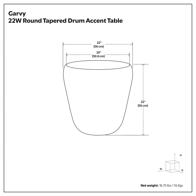 Dimensions diagram for metal side table: 22in top, 20in bottom, 22in tall drum.
