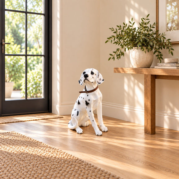 Black-and-white Dalmatian dog sculpture seated with a brown collar