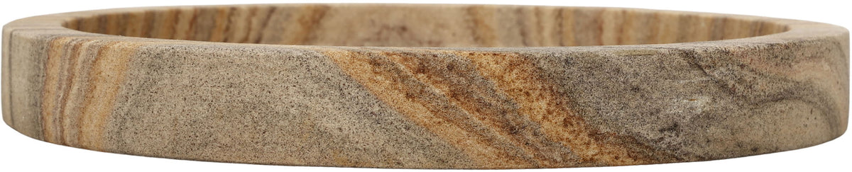 Low-profile round sandstone tray, tan and gray marbled side rim