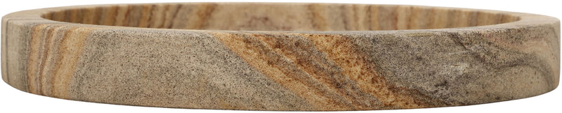 Low-profile round sandstone tray, tan and gray marbled side rim