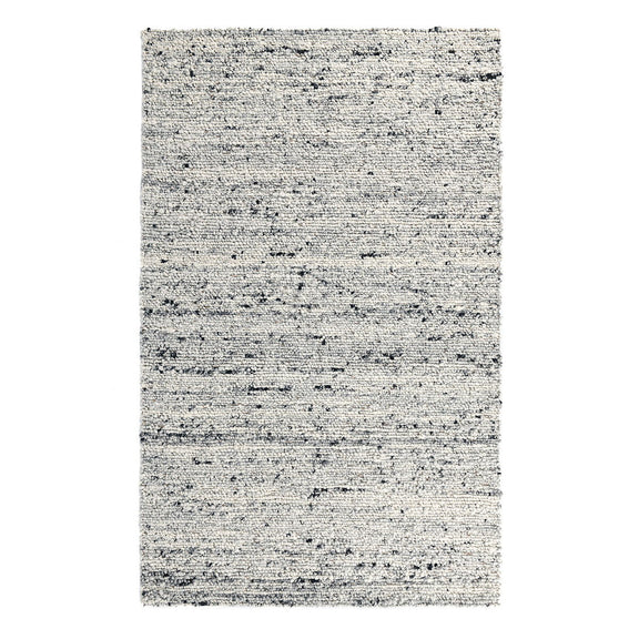 Gray wool rug with speckled surface and thin horizontal stripe accents