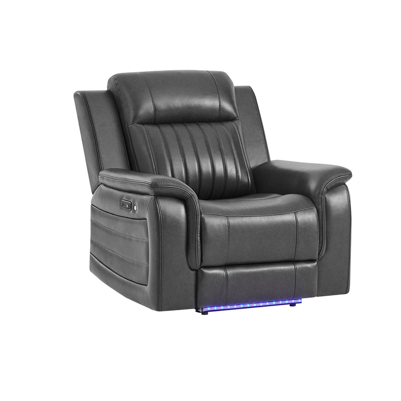 Charcoal power recliner with button control on arm, welt trim, and LED base strip