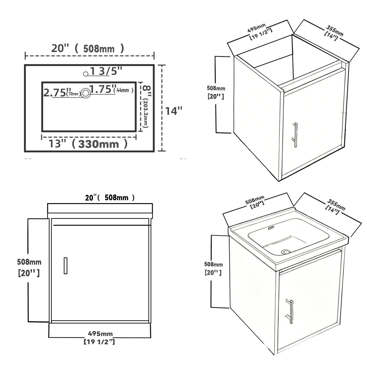 20 in wall-mounted vanity cabinet diagram, isometric view with sink and door