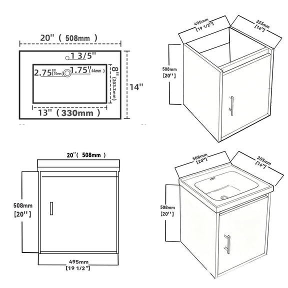 20 in wall-mounted vanity cabinet diagram, isometric view with sink and door