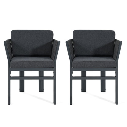 Set of 2 outdoor dining chairs, dark gray fabric seat and back with dark frames