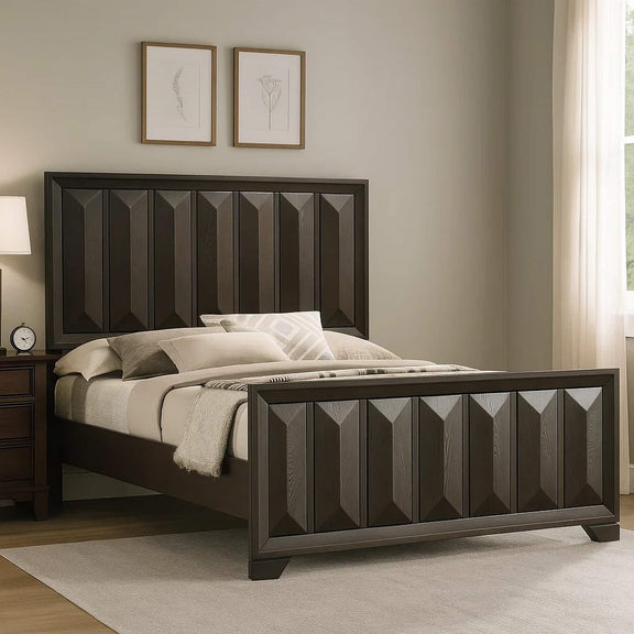 Dark brown platform bed with faceted panel headboard and side profile footboard
