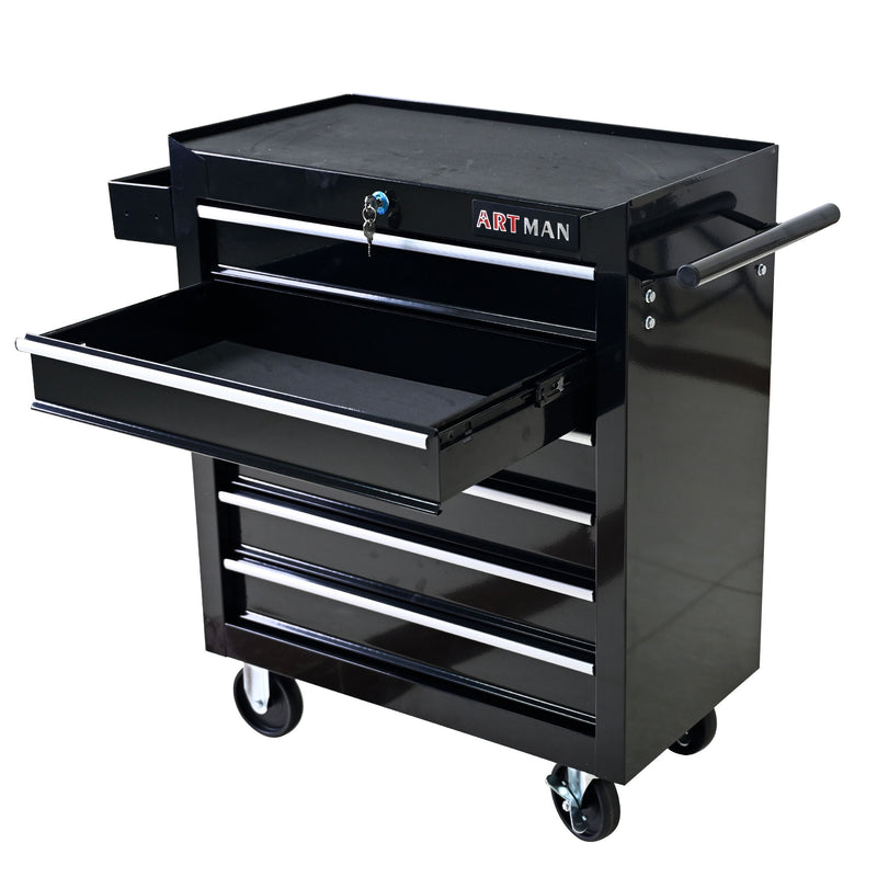 Black rolling tool cart with extended top tray, drawer shelves, and caster wheels