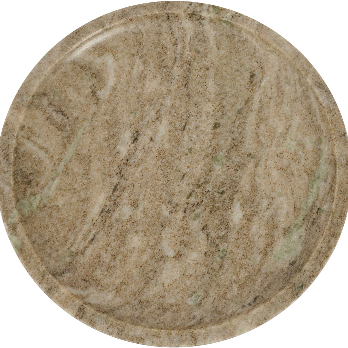Genuine marble bowl top view, round beige stone with swirling mottled pattern.
