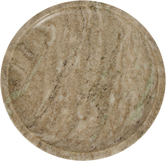 Genuine marble bowl top view, round beige stone with swirling mottled pattern.