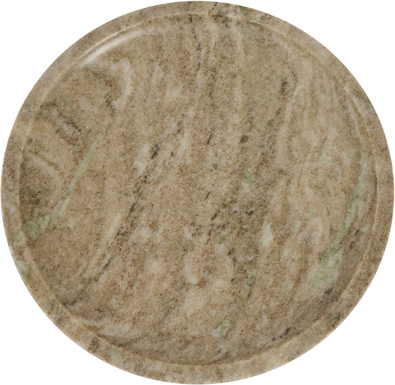 Genuine marble bowl top view, round beige stone with swirling mottled pattern.