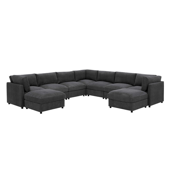 Charcoal gray sectional sofa with two ottoman chaises and boxed back cushions