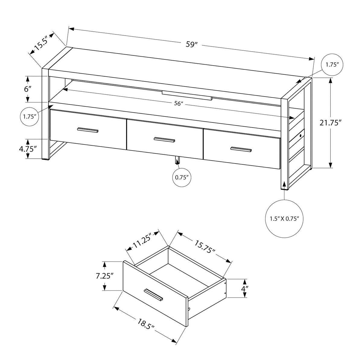 TV Stand, Console, Media Entertainment Center, Storage Solution Drawers - Black