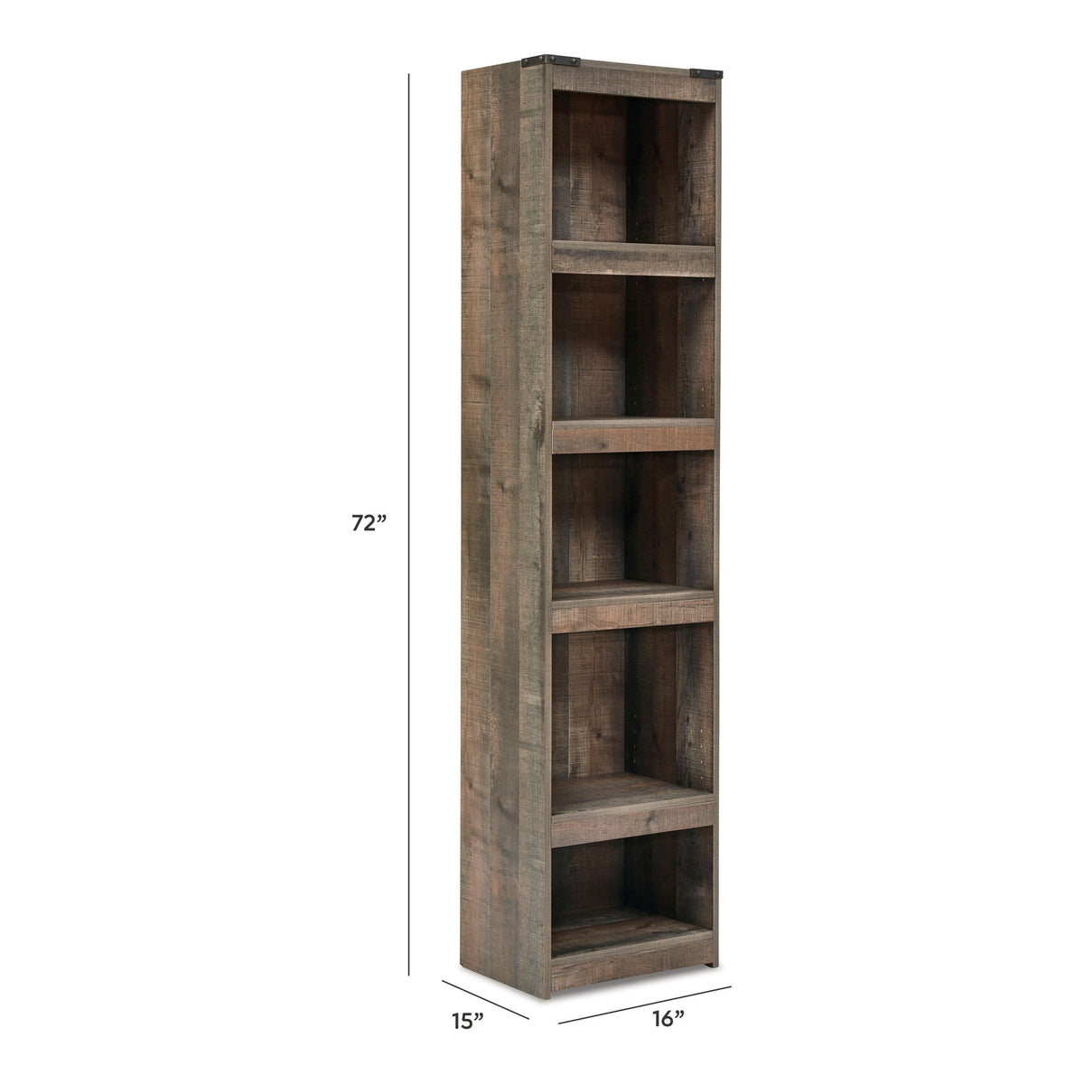 Brown wood tall shelving cabinet with five open shelves and a closed top section