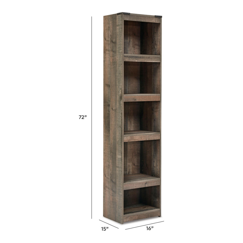 Brown wood tall shelving cabinet with five open shelves and a closed top section