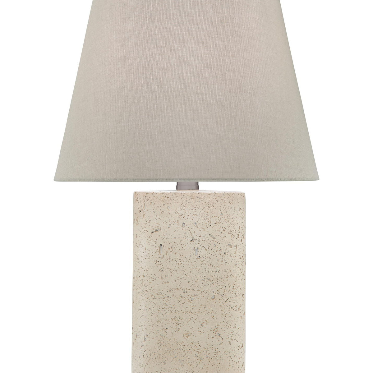 Beige poly table lamp with taupe drum shade and speckled cylindrical base