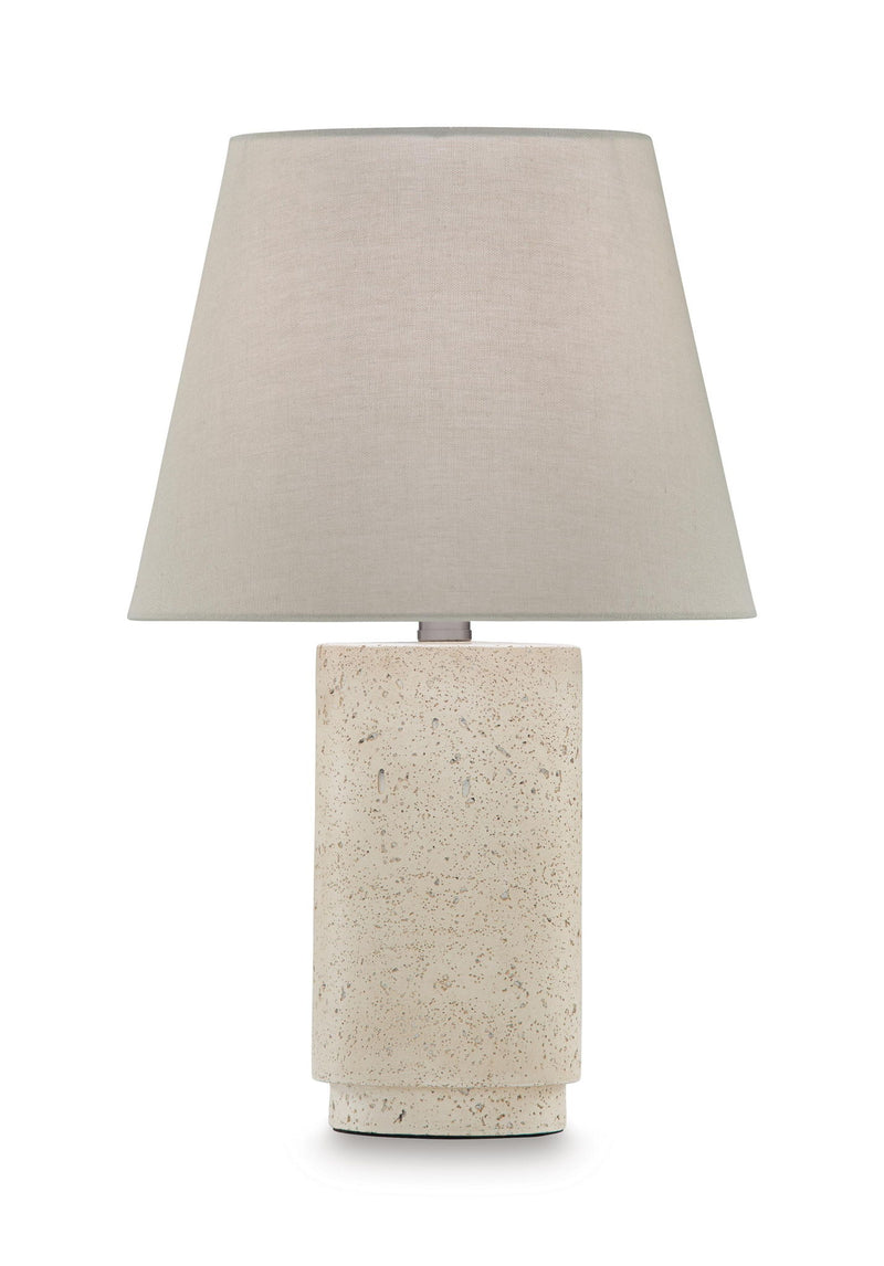 Beige poly table lamp with taupe drum shade and speckled cylindrical base