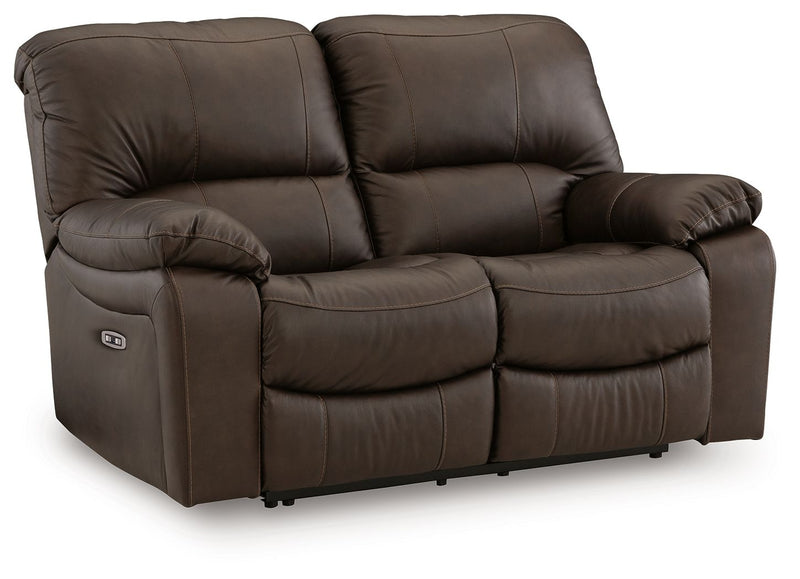 Dark brown power reclining loveseat with cushioned arms, two seats, and footrest