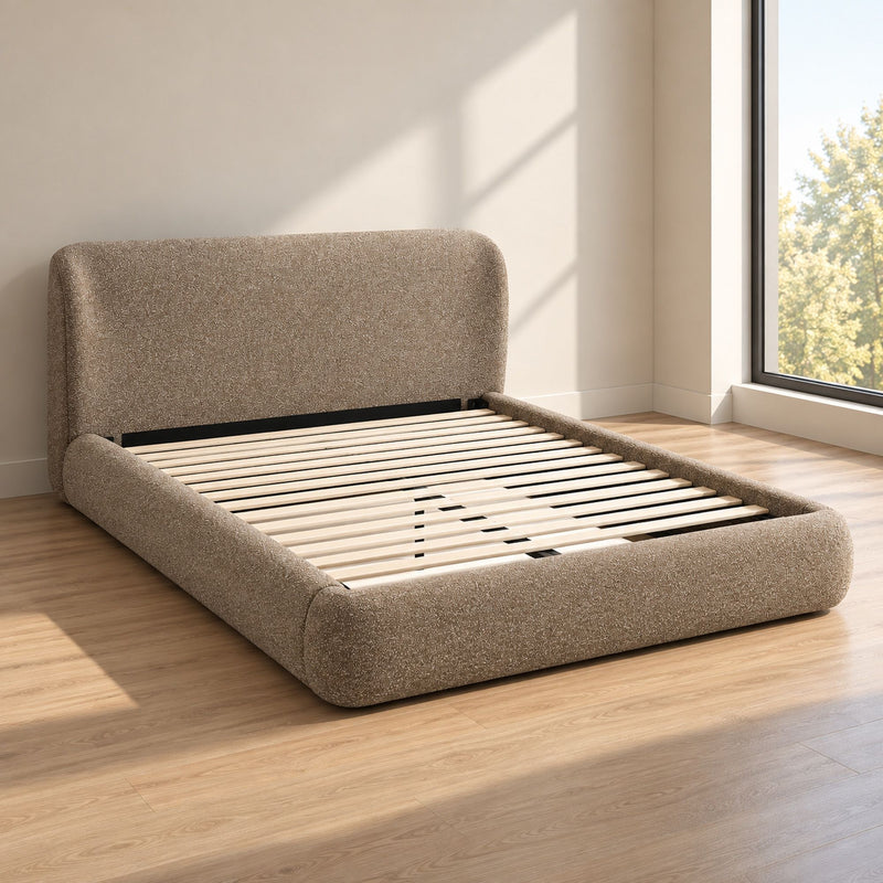 Erica bed light brown upholstered frame with tall headboard and slat platform