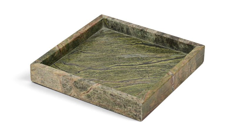Green marble tray with darker speckled veining and flat recessed square basin