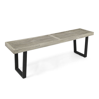 Gray outdoor dining bench with slatted top and black metal legs