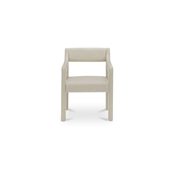 Beige striped dining chair with a padded seat and open back, shown from the front.