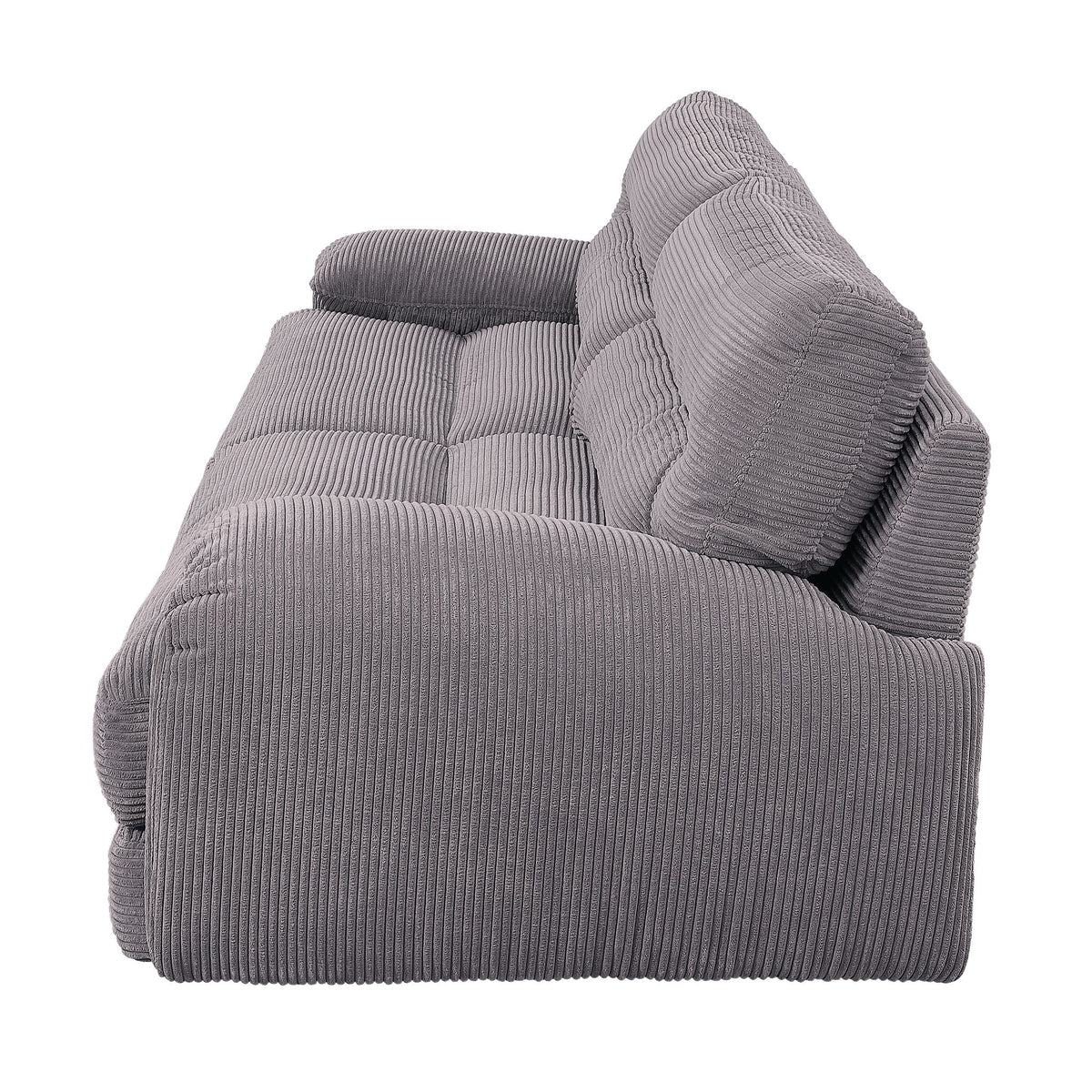 Gray corduroy sofa seat and arm with textured fabric and supportive back cushions