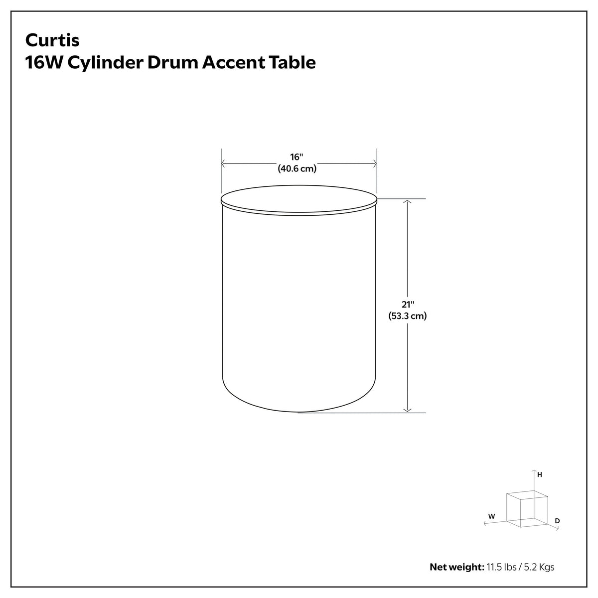 Cylinder drum accent table diagram with top view and height width measurements