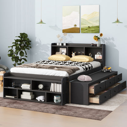 Full Bed with Bookcase Headboard, Under bed Storage Drawers and Bed End Storage Case, Espresso