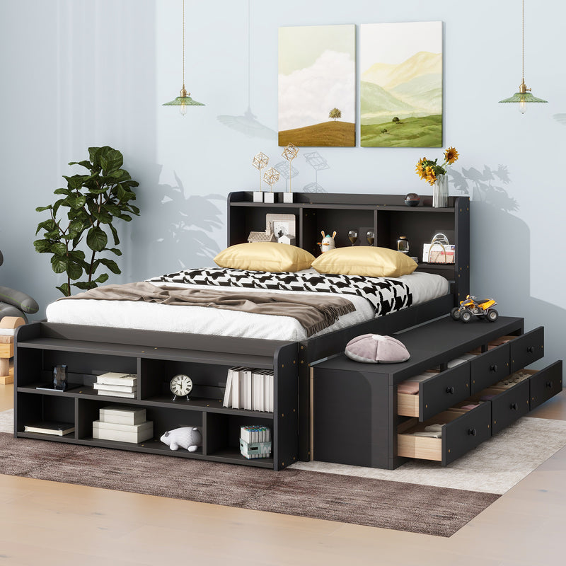 Full Bed with Bookcase Headboard, Under bed Storage Drawers and Bed End Storage Case, Espresso