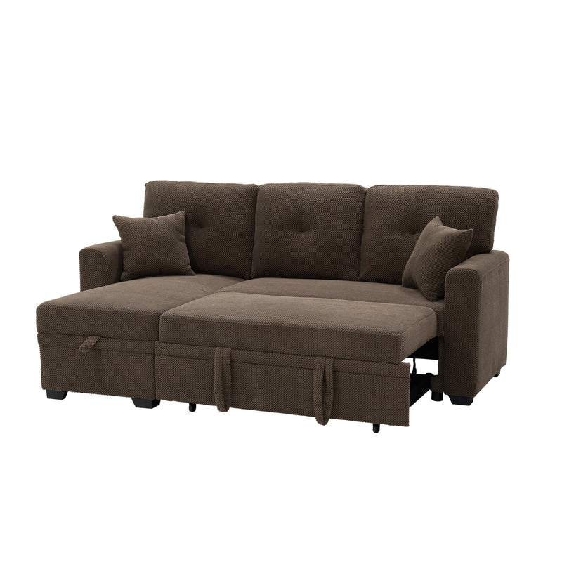 Brown sleeper sectional sofa with cushions pulled out to form a bed.