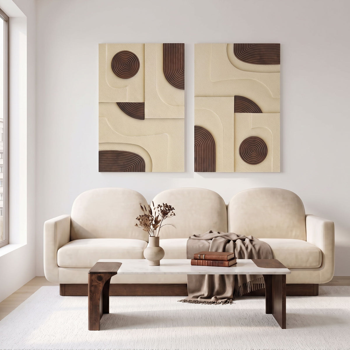 2-piece wall art set with concentric circle wood designs in light and dark tones