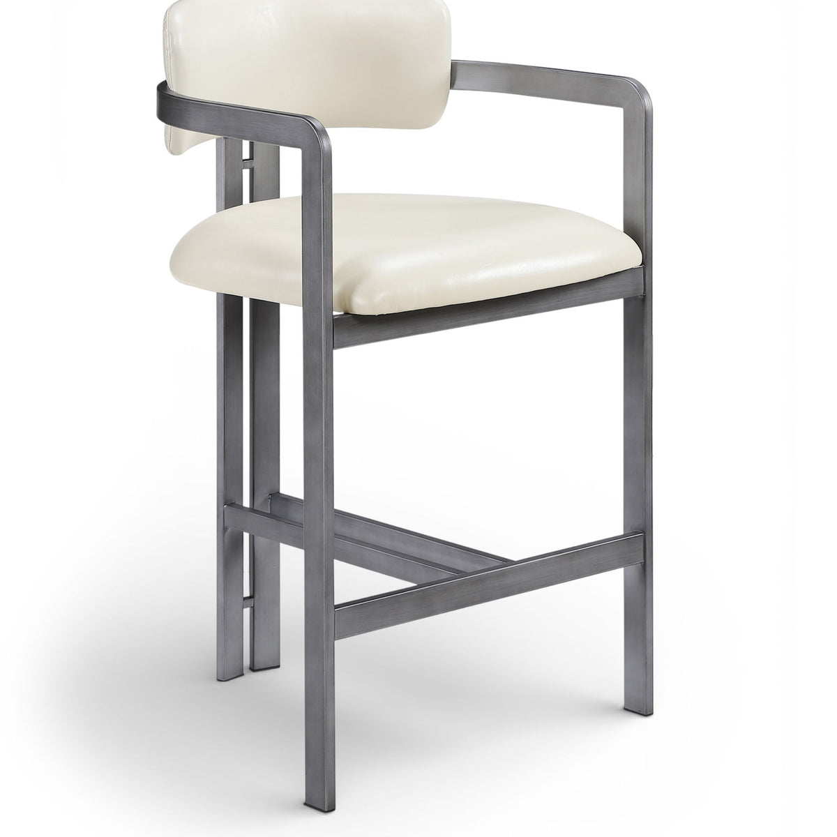 White vegan leather counter stool with padded back and seat, gray metal frame
