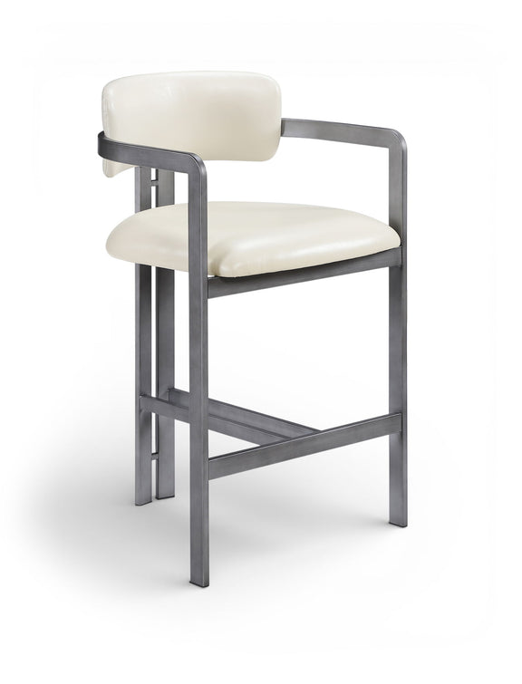 White vegan leather counter stool with padded back and seat, gray metal frame