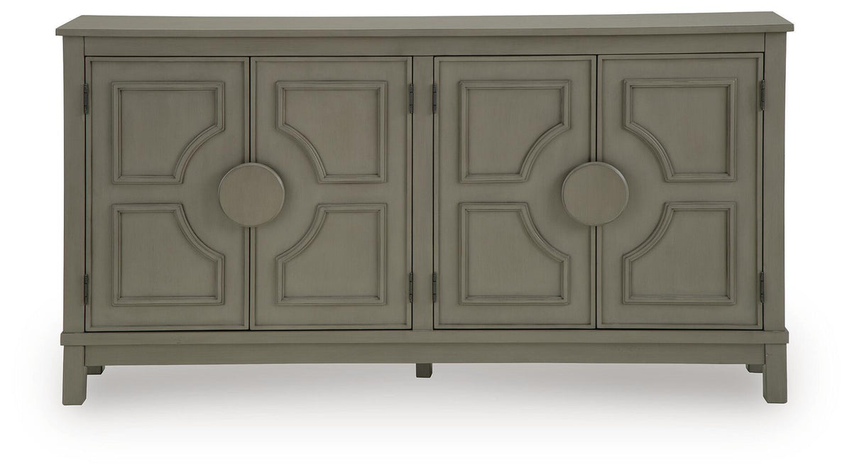 Warm gray accent cabinet with four panel doors and round center knobs, front view