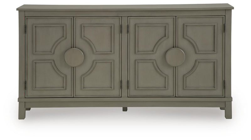 Warm gray accent cabinet with four panel doors and round center knobs, front view