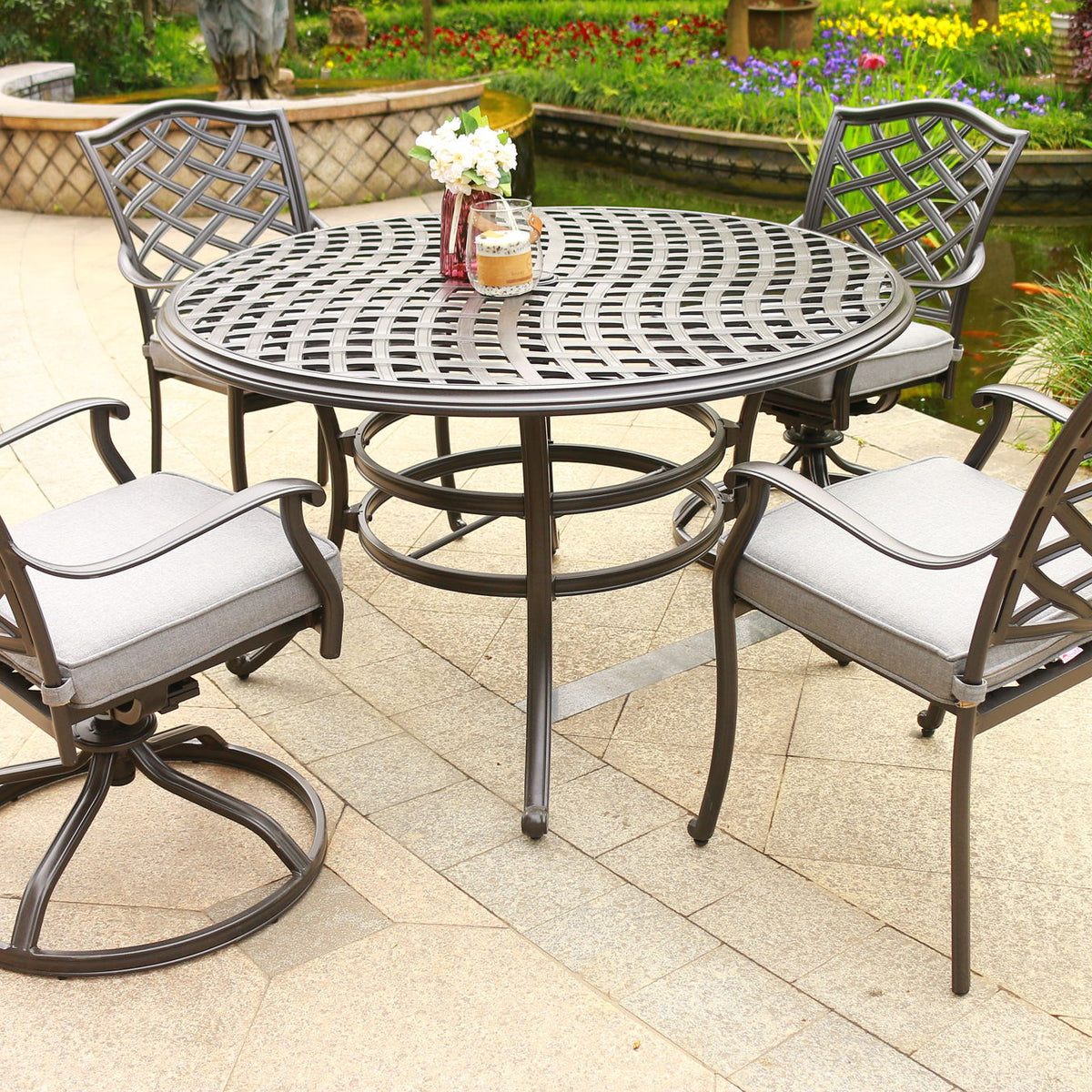 Round 49" Long Aluminum Dining Set With Cushions