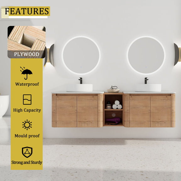 Wall-mounted bathroom vanity with two white sinks, open cabinet center, round lighted mirrors
