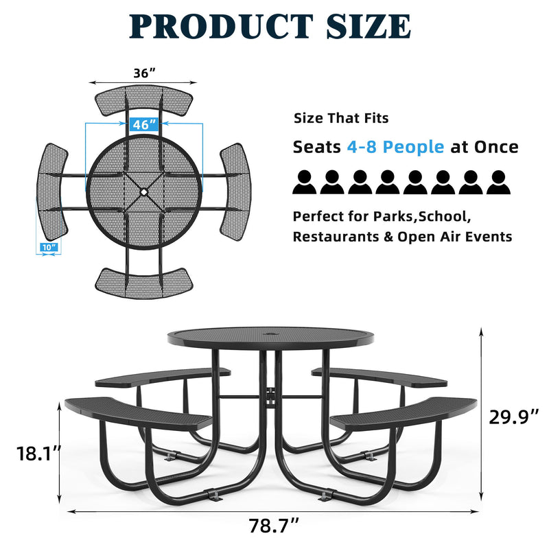 Round Outdoor Steel Picnic Table 46" With Umbrella Pole