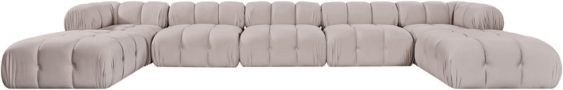 Light gray 7-piece modular sectional sofa with L-shape corner and cushioned ottoman modules