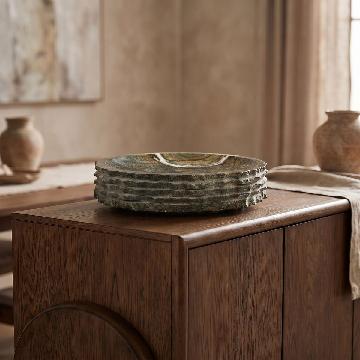 Genuine marble bowl, green-gray marble with gold tones and shallow stacked profile