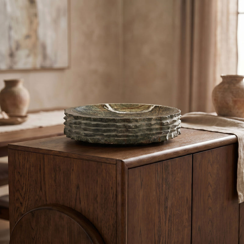 Genuine marble bowl, green-gray marble with gold tones and shallow stacked profile